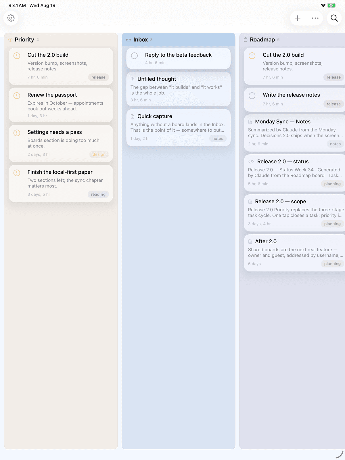 Kyle on iPad: boards in columns