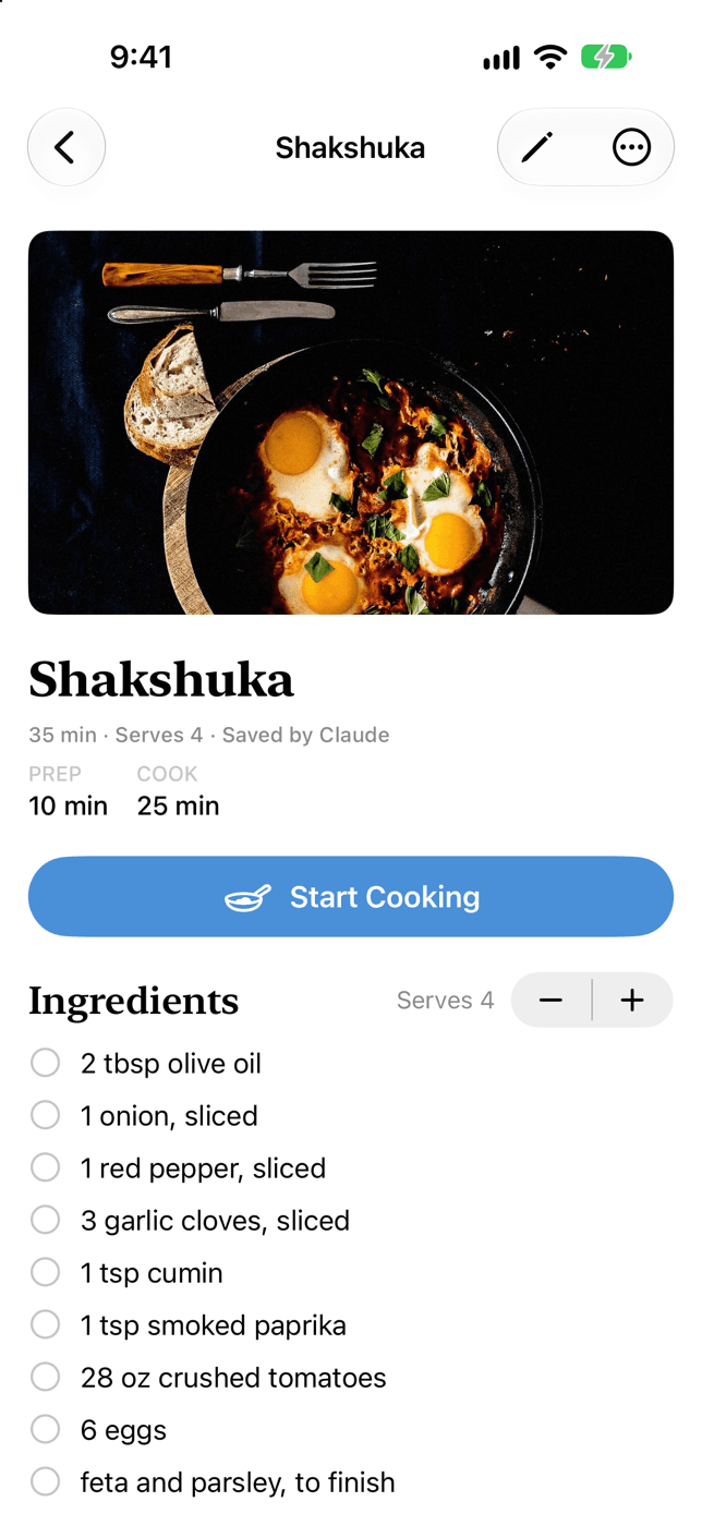 A recipe in Kyle with its photo, times, Start Cooking and ingredients