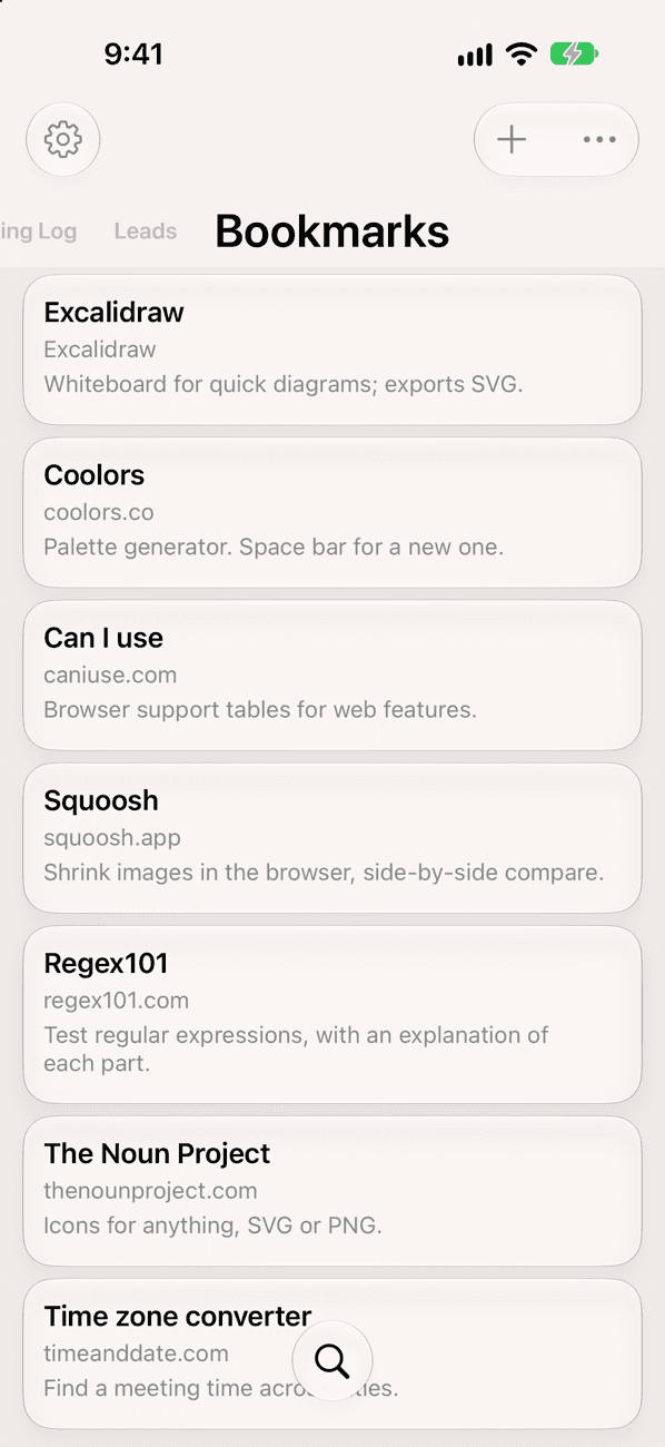 A Bookmarks board: links with what each one is for