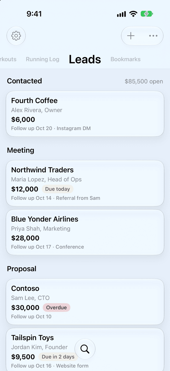 A Leads board: prospects by stage with value and follow-up dates