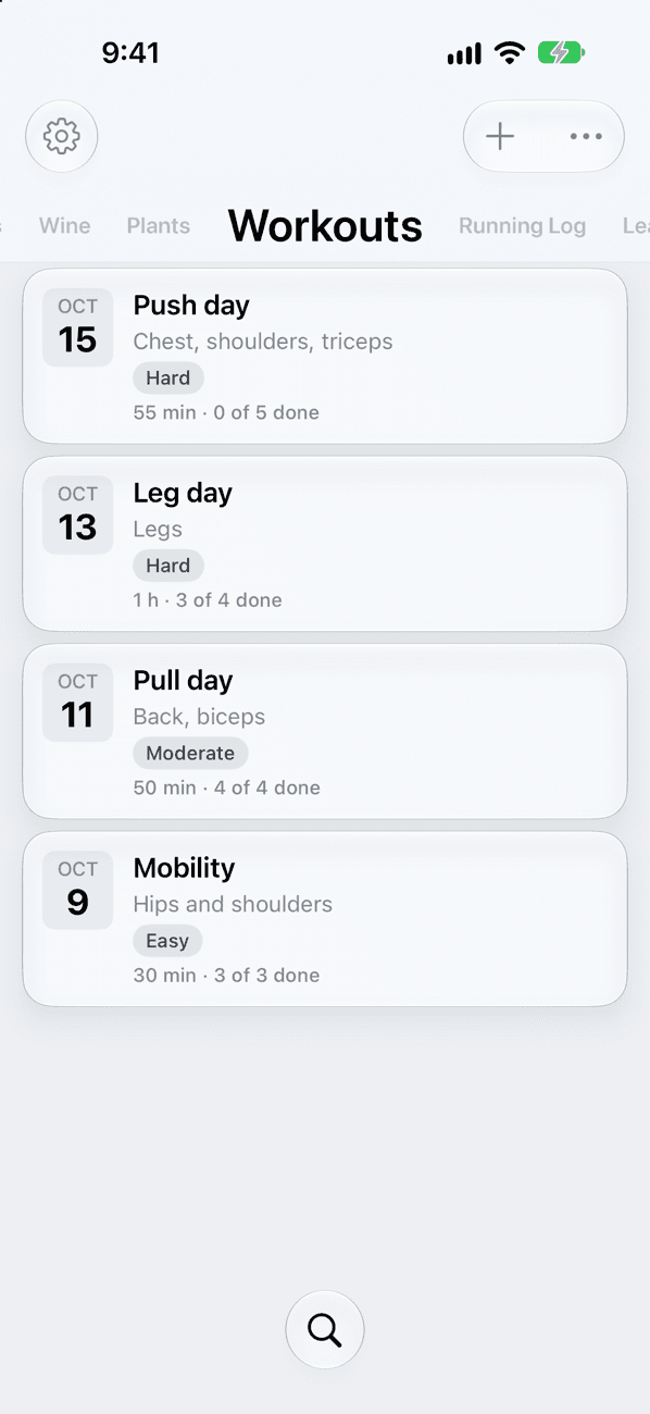 A Workouts board in Kyle